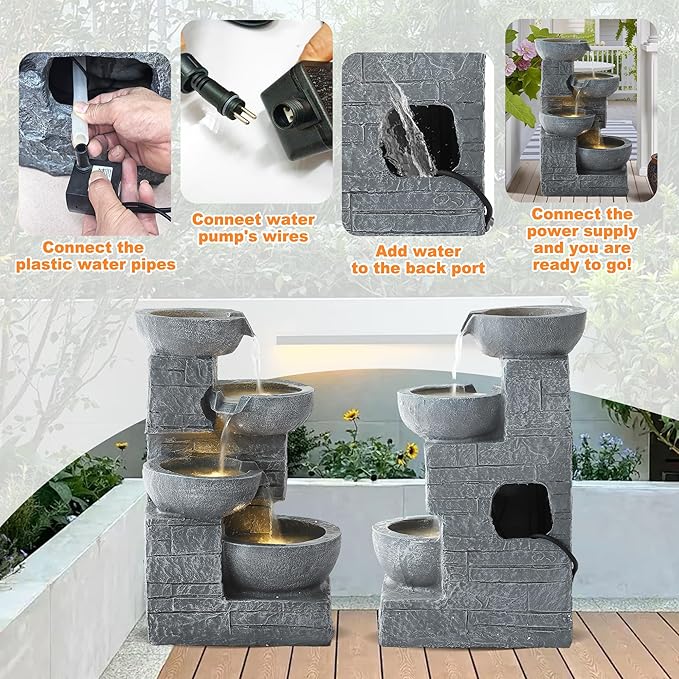 MAGIC UNION Outdoor Water Fountain, 4 Tiers Cascading Bowls Waterfall Indoor Fountain Garden Decor w/LED Lights, Outside Patio Resin Stacked Stones Fountains for Yard, Deck and Porch (Light Gray)