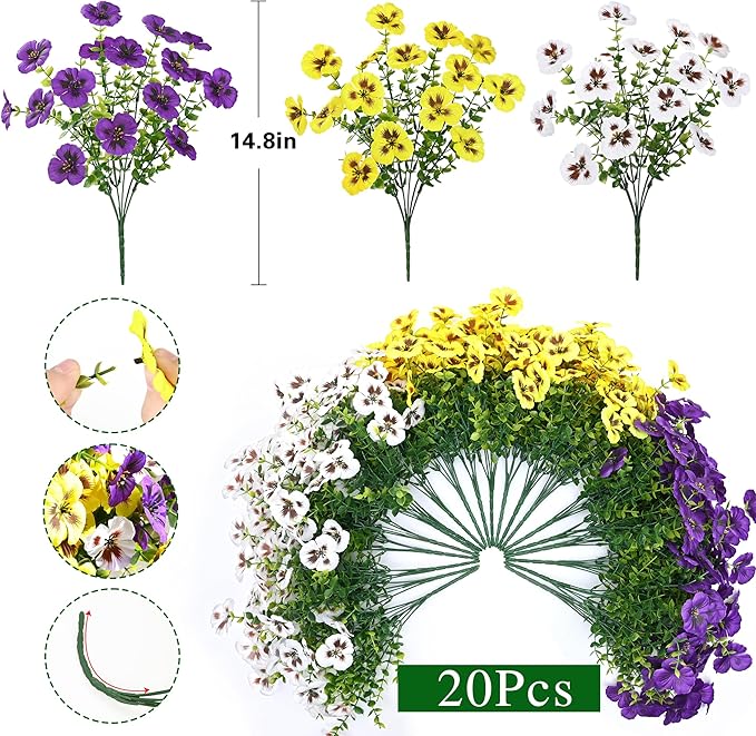 Waipfaru 20 Bundles Artificial Pansy Flowers for Outdoor, UV Resistant Faux Silk Flowers for Outdoor Planters Front Door Porch Yard Patio Window Box Home Decor (Purple, Yellow, White)