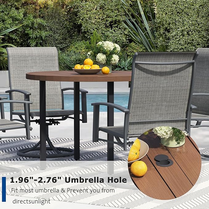 5 Pieces Outdoor Table and Chairs for 4, 42" Walnut Round Table with 4 Grey Swivel Chairs, Patio Set with Swivel Chair, Garden Tables for Outdoor, Patio Dining Set for Lawn Backyard Poolside
