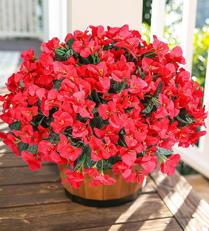 Ivydale Artificial Bougainvillea Flowers for Outdoors Spring Summer Decor, 4 Bundles Fake Red Silk Flowers for Outside Faux Plants UV Resistant Realistic for Outdoor Planters Patio Porch Garden Home