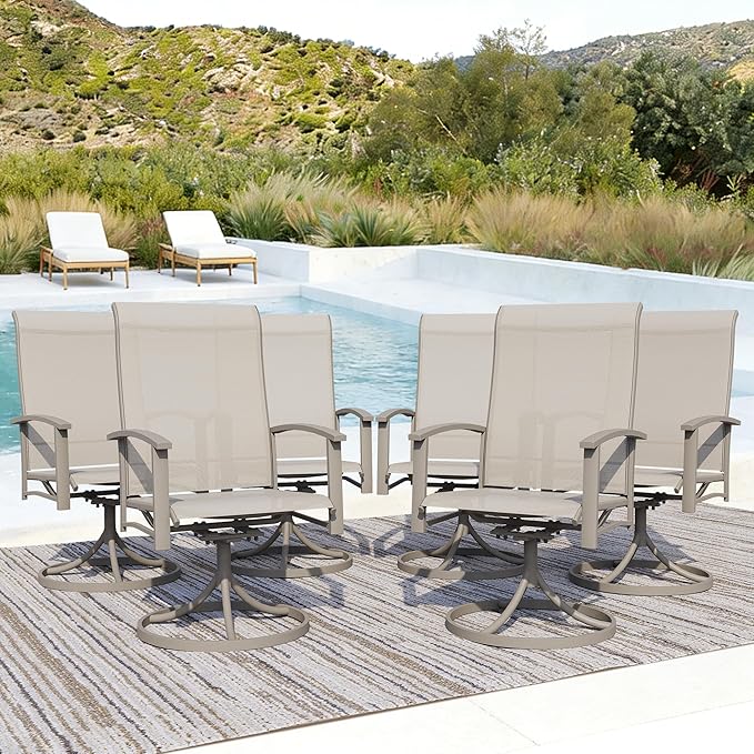Patio Swivel Chairs Set of 6, All-Weather Metal Outdoor Dining Set with Breathable Mesh Seat, Lightweight Ivory Swivel Bistro Chairs for Garden, Deck, Porch - Cool & Comfortable Relaxation