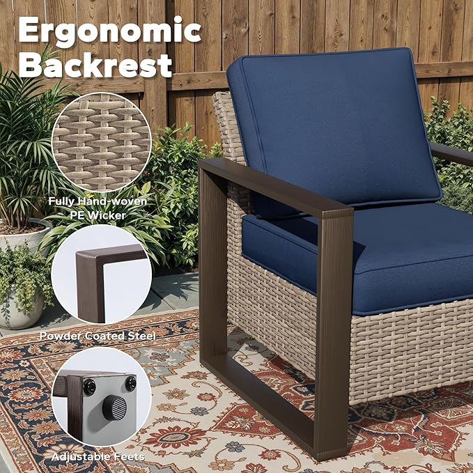 Joyside Outdoor Patio Chairs, 7 Pieces Wicker Rattan Furniture Set, 4 Patio Chairs, 1 Sofa and 2 Ottoman, Metal Wide Armrest, Thick Cushions and Deep Seating for Garden, Backyard, Porch, Deck