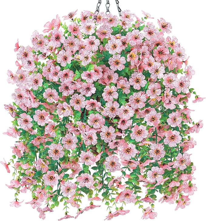HyeFlora Artificial Hanging Flowers Basket for Outdoor, Fake Flowers Faux Plants Look Real for Yard Gardens Porch Patio Home (Pink)