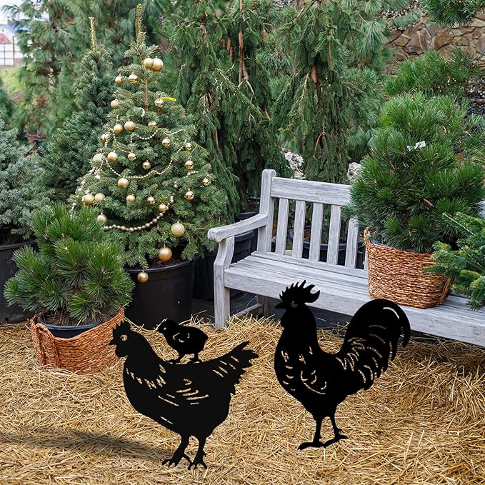 TT & MM Christmas Chicken Gifts for Women/Men,Metal Chicken Yard Decor 3 Pcs Rooster Decorations Garden Stakes,Hen/Chicks Silhouette Statues for Yard Art,Backyard,Patio,Lawn,Outdoor Decor