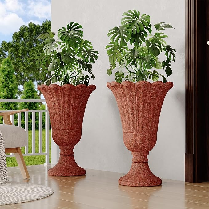 seethmi 23" Tall Planters for Outdoor Plants Set of 2, Planter with Drainage Holes and Petal Design, Large Outdoor Planters for Porch, Garden, Indoor, Red