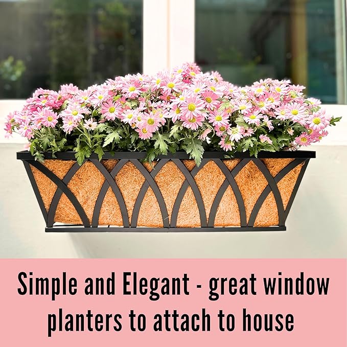 LaLaGreen Wall Planters (4 Pack, 36 Inch) Black Metal Rectangular Hanging Flower Box Window Boxes Planters with Coco Liner Rustic Flower Basket Plant Holder Deck Rail Railing Patio Large Balcony Fence