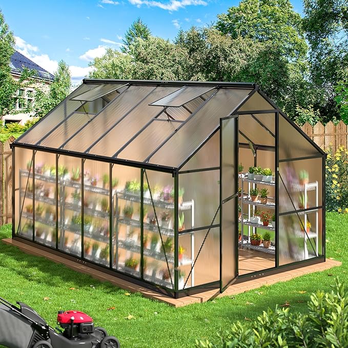 WKM 8x12 FT Greenhouse for Outdoors, Quick-fit Structure Polycarbonate Green House with Window for Ventilation, Walk-in Aluminum Greenhouse for Outside Garden Backyard, Black