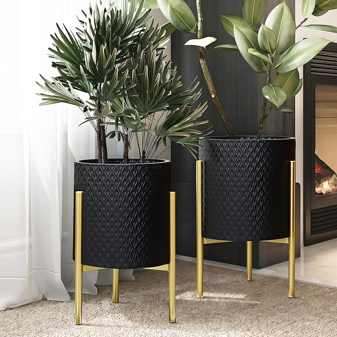 LuxenHome 2-Piece Diamond Pattern Round Metal Cachepot Planter Set, Black Planter with Gold Stands Set of 2 Indoor Plant Pots Large Floor Plant Pot for Plants, NOT Waterproof
