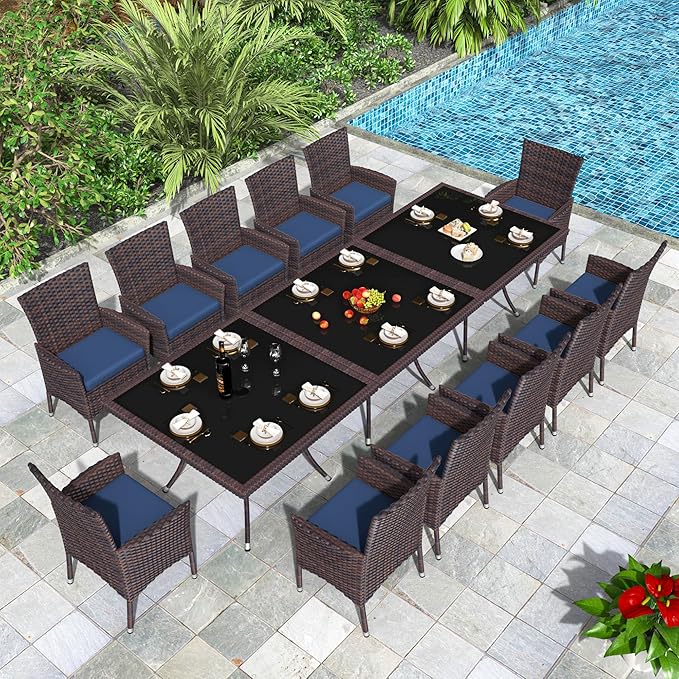15 Piece Outdoor Dining Set,Rattan Patio Conversation Set of 12 Chairs,Patio Dining Table and Chairs w/Cushions,Square Glass Tabletop,Umbrella Cutout for Patio,NavyBlue