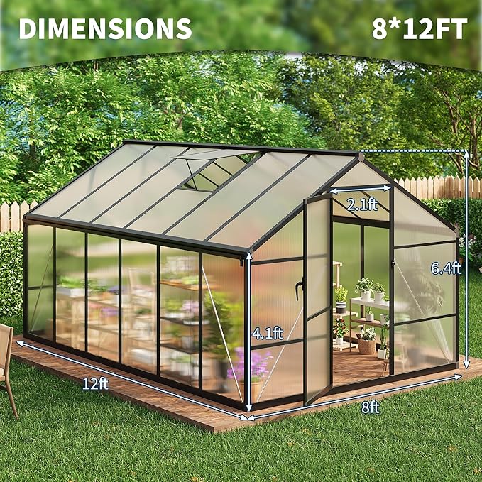 8X12 FT Greenhouse for Outdoors, Polycarbonate Flower Greenhouse with Roof Vent, Push-Pull Lockable Door, Aluminum Walk-in Greenhouses for Outside Garden Backyard, Patio, Lawn, Black
