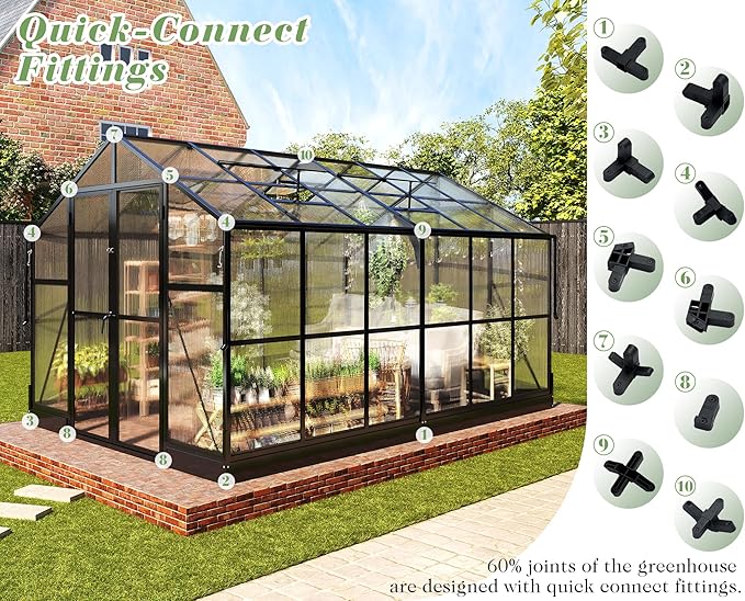 Jocisland 8x12 FT Polycarbonate Greenhouse with Quick-Connect Fittings, Large Walk-in Aluminum Sunroom with 2 Swing Doors and 4 Vents, Winter Greenhouse for Outdoors Black