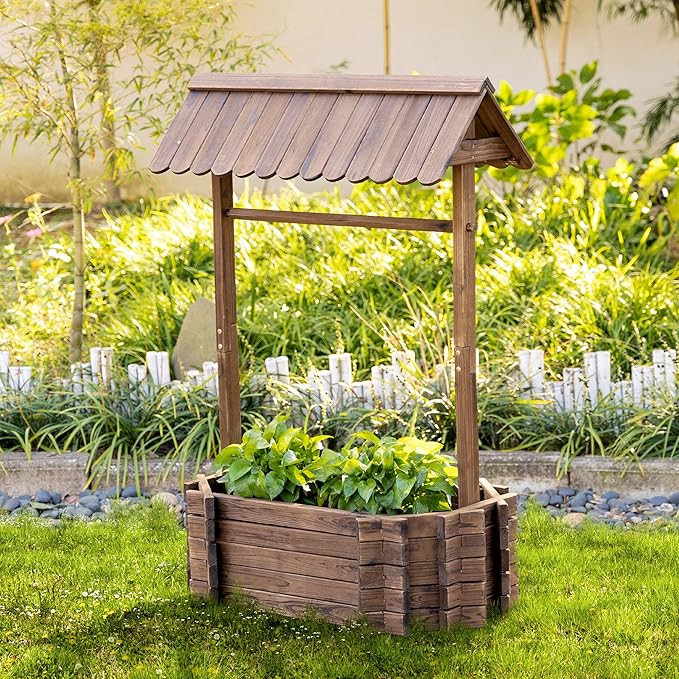 Outsunny Wishing Well Planter, Wooden Raised Garden Bed, Ornamental Outdoor Flower Planter for Outdoor Garden, Yard, Lawn, and Home Decor