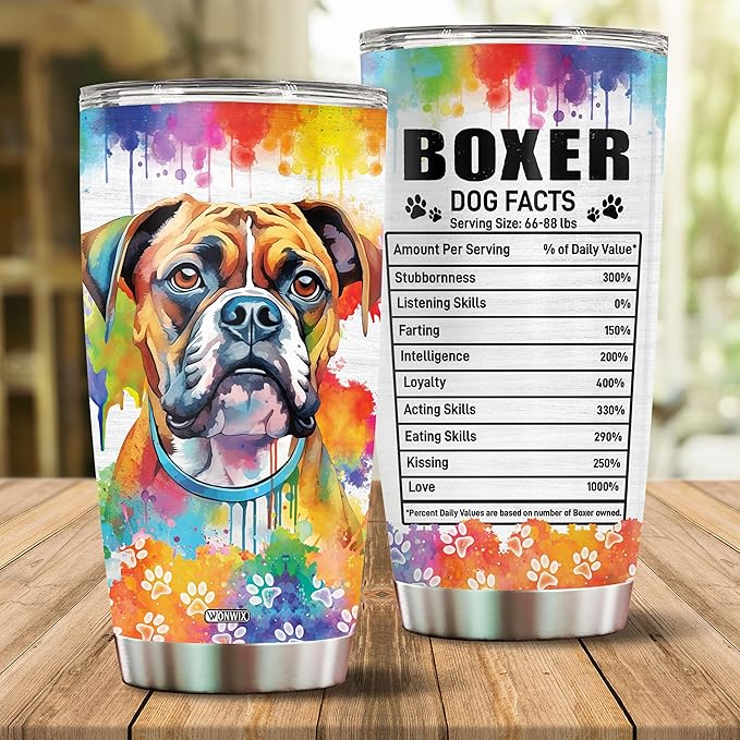 WONWIX Gifts for Boxer Lovers 20 Oz Stainless Steel Tumbler Travel Coffee Mug Birthday Christmas New Year Thanksgiving Easter Gift Ideas for Dog Lovers Owners Boxers Mom Funny Facts Water Bottle
