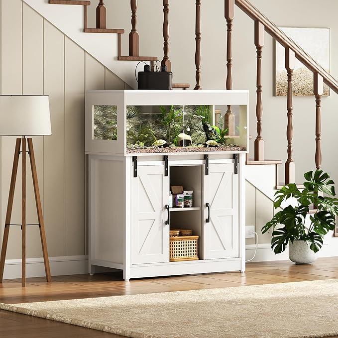 Herture 40 Gallon Reptile Terrarium with Stand, Reptile Tank with Barn Door and Storage, Vivarium with Acrylic Doors, Ventilated Mesh Top & Power Outlet, for Geckos, Lizards, Snakes White PX06RTW