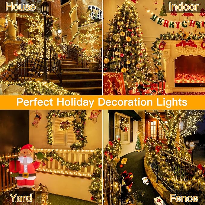 Ollny Christmas Lights Warm White, 600LED 197FT Christmas Tree Lights IP67 Waterproof, Plug in Fairy Lights with Remote 8 Modes Timer, Xmas Light for Outdoor Indoor House Holiday Decor (Pack of 2)