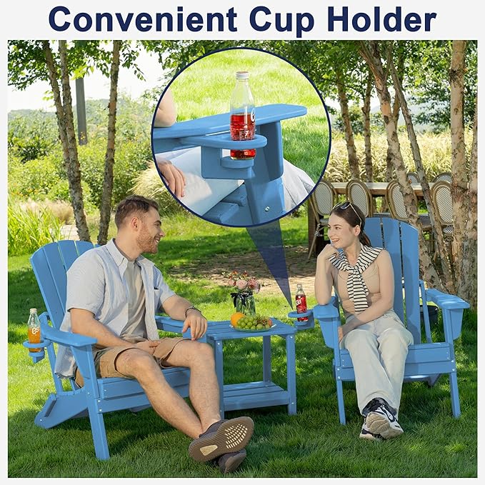 Plawdlik Folding Adirondack Chair Set of 6 with Cup Holder，Wooden Textured ，Heavy All-Weather HDPE Comfortable Set Poolside Backyard Lawn, Light Blue