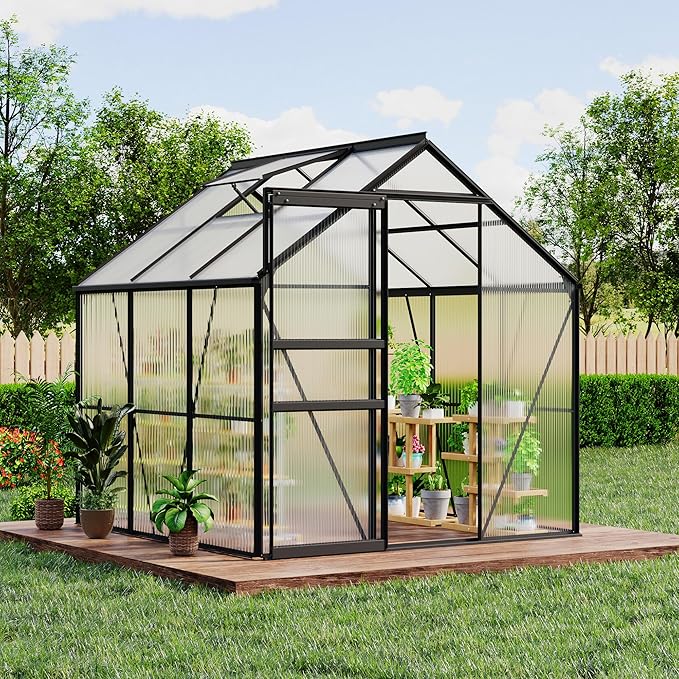 CABIHOME 6 x 6 FT Greenhouses for Outside, Polycarbonate Greenhouse with Aluminum Frame, Sliding Door, Adjustable Roof Vent, Backyard Green Houses, Patio Garden, Black