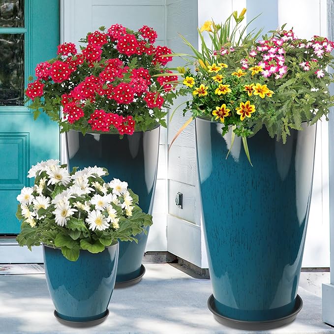 Goldshire 24-21-11 Inch Tall Planters Set of 3, Indoor Outdoor Blue Glossy Round Planter with Drainage Hole and Saucer, Large Decorative Plant Pots for Home Garden Porch