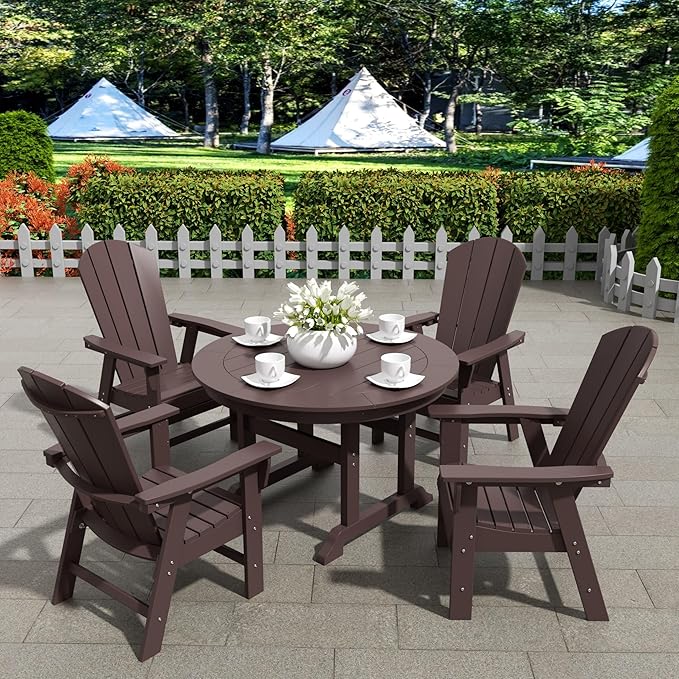 WestinTrends Malibu 5 Piece Adirondack Patio Dining Set, All Weather Poly Lumber Outdoor Table and Chairs Furniture Set, 47" Trestle Round Dining Table and 4 Adirondack Dining Chair, Dark Brown