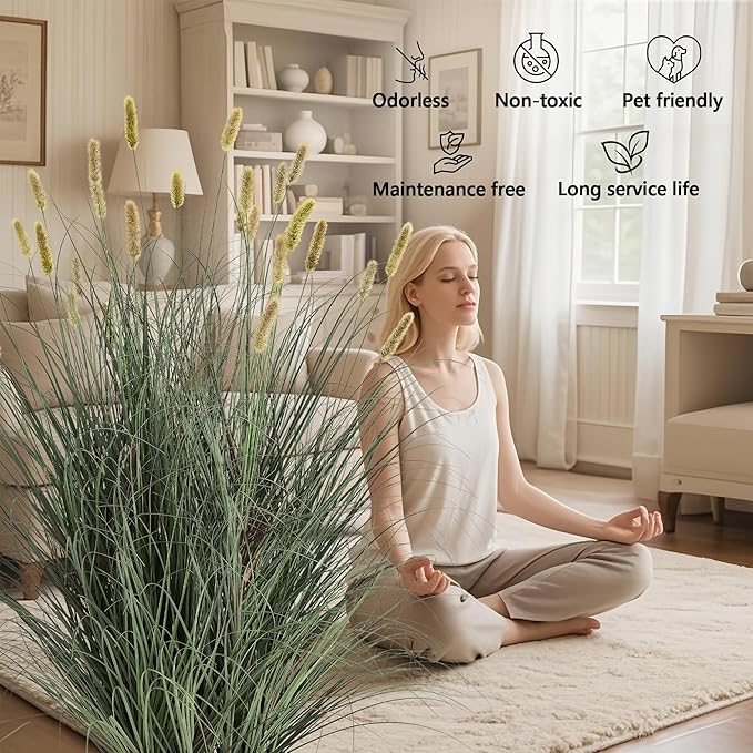 4ft Onion Grass Set of 2, Artificial Plant and Greenery, Fake Floor Plants Indoor Outdoor, Potted Faux Green Bristlegrass with Yellow Spikes, Large Size Horsetail Reed Grass, House Decorative