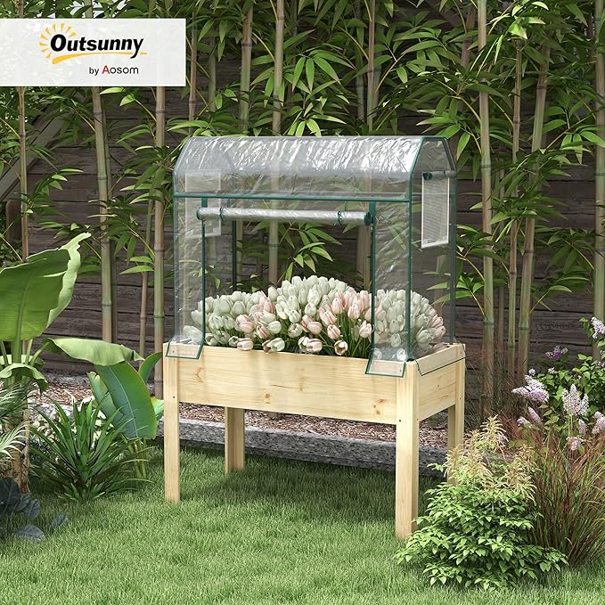 Outsunny Raised Garden Bed with Plastic Greenhouse Cover and Bed Liner, Outdoor Elevated Wood Planter Box for Herbs and Vegetables, Use for Patio, Backyard, Balcony, 45 x 24 x 65 inch, Natural
