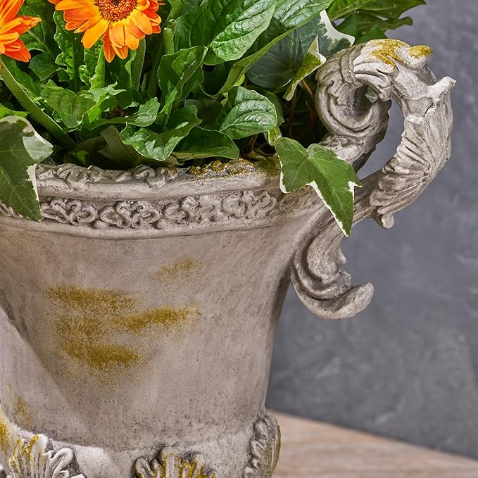 Christopher Knight Home Jorine Patio Planter, Light Concrete Planter, Mid-Centry Gadern Urn, Floral Relif Design Plant Pot, Large Garden Pot, Flower Urn with Drainage Hole for Backyard Home, Gray