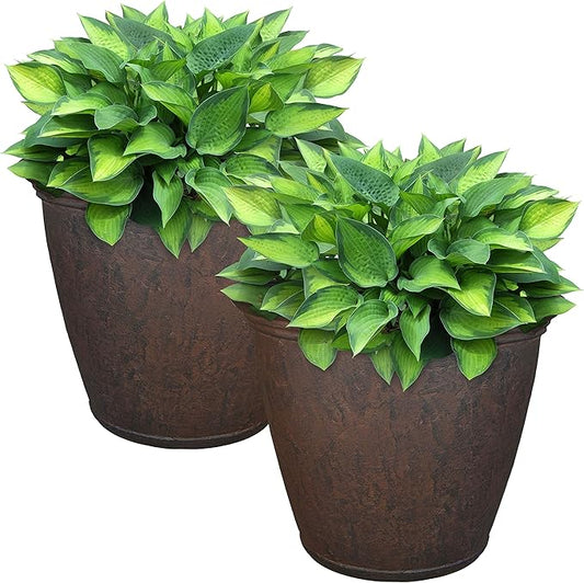 Sunnydaze 15.25-Inch Anjelica Large Plastic Pot for Plants - Double-Walled Outdoor Polyresin Round Planter Porch Pot with Drillable Drainage Holes - Rust - 2pk