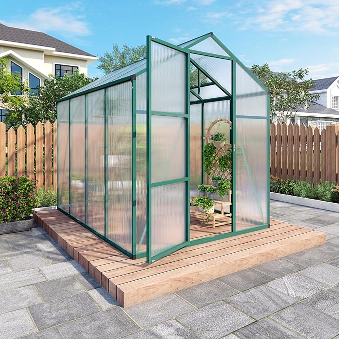 6x8 FT Greenhouse,Outdoor Polycarbonate Greenhouse with Roof Vent & Integrated Gutters,Aluminum Walk-in Green House W/ Reinforced Frame for Outside Garden Backyard,Green