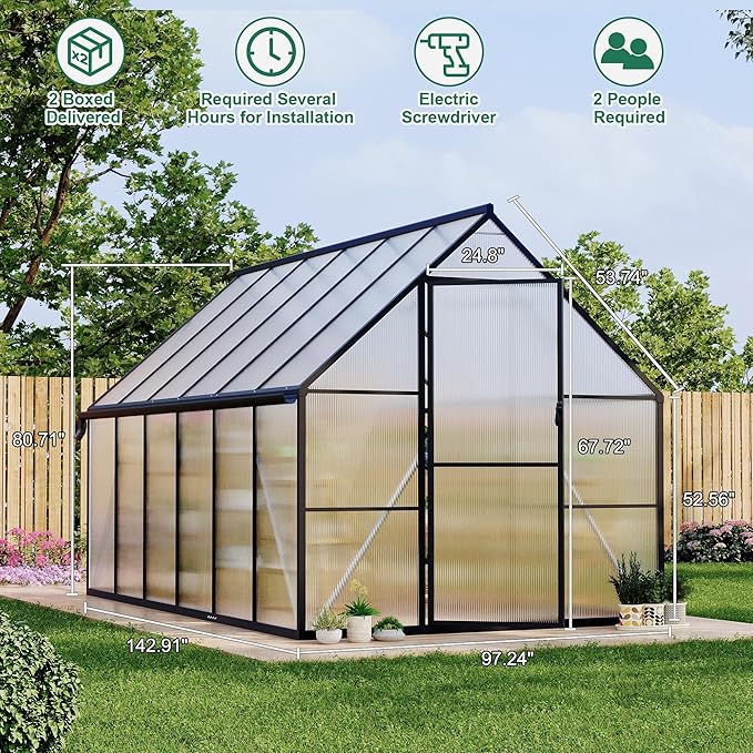 8 ft x12 ft Aluminum-Framed Polycarbonate Greenhouse, Heavy Duty Polycarbonate Greenhouse with Quick Setup Structure and Roof Vent, Large Enhanced Aluminum Green House Kit for Outdoors