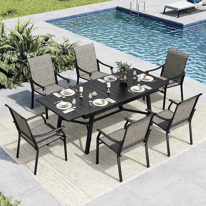 MFSTUDIO Patio Table and Chairs Set, 7 Pieces Outdoor Dining Set with 6 Patio Dining Chairs and 1 Heavy Duty Metal Expandable Table for 6, All Weather Resistant Patio Dining Furniture, Grey