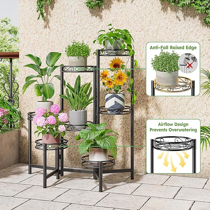 NQW 7 Tier Large Metal Plant Stand Indoor Outdoor with 7.9 Inch Wide Tray, Tiered Corner Plant Stand, Flower Display Holder Shelf, Folding Tall Rack for Patio Porch Balcony Living Room Garden - BlackWave