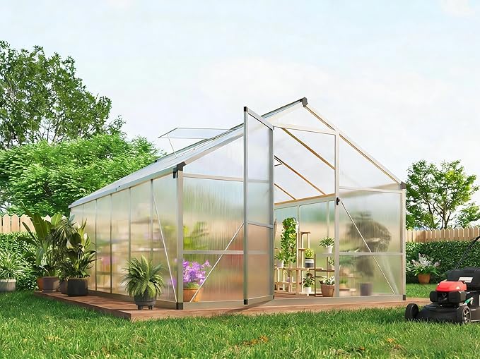8x12 FT Greenhouse, Easy Assembly Aluminum Polycarbonate Greenhouses for Outdoors with Roof Vent, Large Aluminum Walk-in Greenhouse for Sunroom Patio, Backyard, Garden, Sliding Lockable Door, Silver