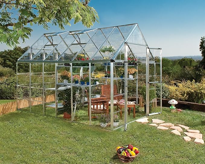 Palram - Canopia Snap & Grow 8 Ft. x 12 Ft. Greenhouse Kit Hobby DIY Walk In Green House Heavy Duty Polycarbonate, Aluminium Frame, with Lockable Door and Vent for Outdoors, Garden, Backyard In Silver