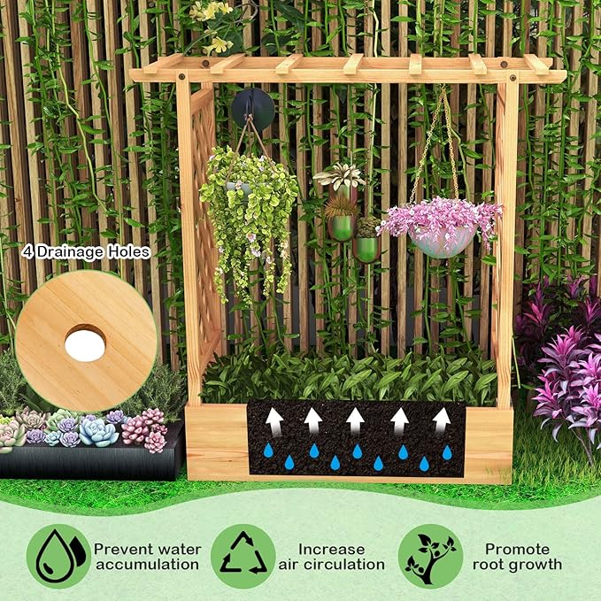 HAPPYGRILL Raised Garden Bed with Trellis, 2 Pack Freestanding Wood Planter Box w/Hanging Roof & 4 Drainage Holes for Vine Climbing Plants Flowers, Outdoor Planter with Trellis for Garden Patio Yard