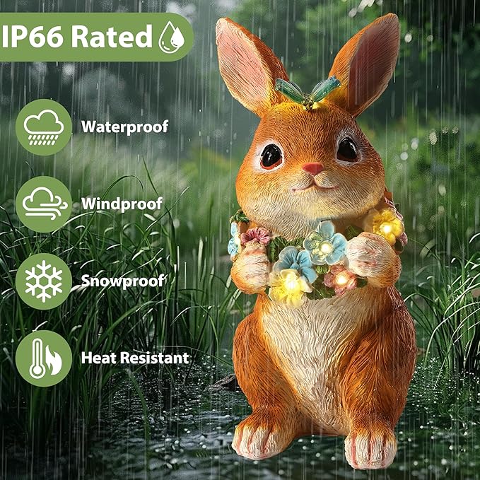 ZhiYo-GD Solar Garden Statues Outdoor Decor, Rabbit Statue with Butterfly & Flowers, Yard Decoration with 6 LED Lights for Patio, Balcony, Backyard, and Lawn, Unique Gift for Mom, Grandma Christmas