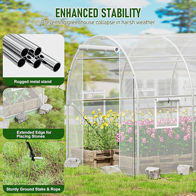 SPECILITE Walk-in Tunnel Greenhouse for Outdoors, 15×7×7 FT Heavy Duty Hoop House Kit with 8 Screen Windows, Thicken PE Cover & Galvanized Frame, Portable Large Green Houses for Outside, Winter, White