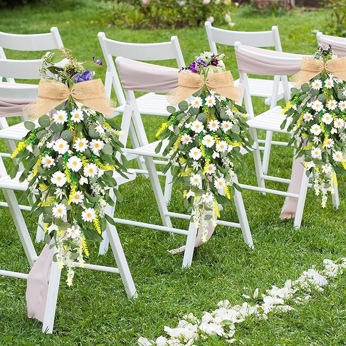 4 Pcs 24" Artificial White Daisy Teardrop Wreath Swag Spring Summer White Floral Hanging Swags Wreath for Kitchen Cabinet Doors Window Wall Wedding Party Home Decor