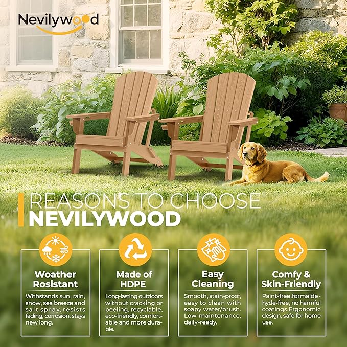 nevilywood Folding Adirondack Chair with Cup Holder Set of 4, HDPE Patio Chairs,All-Weather Outdoor Chairs for Backyard, Deck,Fire Pit-TeakBrown