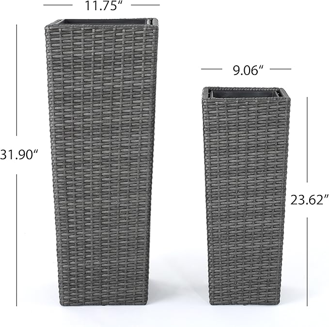 32"H Outdoor Rattan Flower Pots Set of 2,Patio Wicker All-Weather Planter Set,Rattan Plant Pots with Iron Frame for Herb Garden,or Indoor Decor,Large & Small Sizes, No Assembly Required Gray