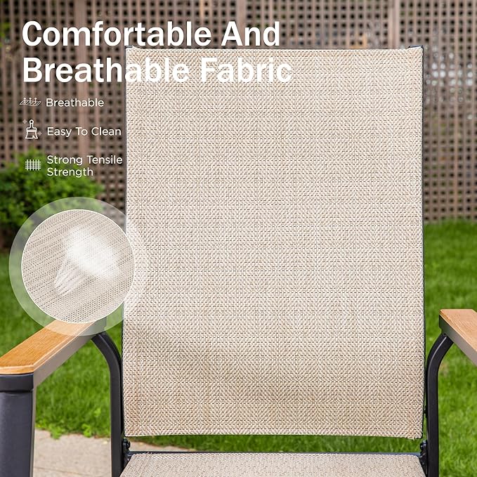PHI VILLA Outdoor Stackable Chairs, Patio Chairs Set of 2, Light Weight Aluminum Frame with Textilene Fabric & Wood Armrest, High Back Deck Chairs for Poolside Lawn Garden, Beige