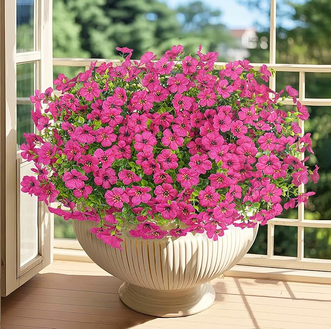Besteek 20 Bundles Artificial Flowers for Outdoors Decoration Fake Silk Flowers UV Resistant Faux Plants Artificial Daisy Eucalyptus for Spring Summer Garden Yard Porch Window Home Decor, Fuchsia