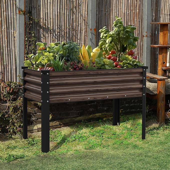 MUPATER 48" L x 24" W x 32" H Galvanized Steel Raised Garden Bed, Large Metal Elevated Raised Planter Box with Legs & Detachable Black Liner for Backyard, Garden, Balcony, Rustic