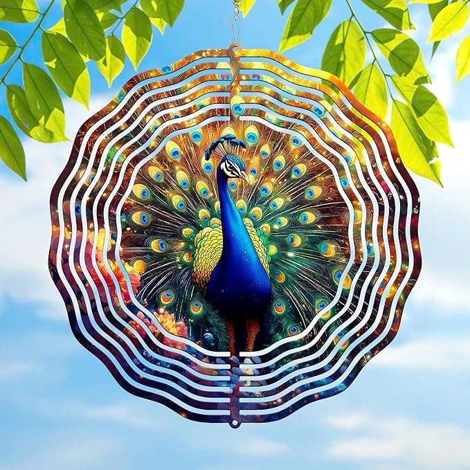 FLAGWIX Peacock Wind Spinners Outdoor - 3D Stainless Steel Metal Kinetic Spinner 12 inch - Gardening Gifts for Women, Peacock Yard Art Home Garden Decor, Gifts for Outside