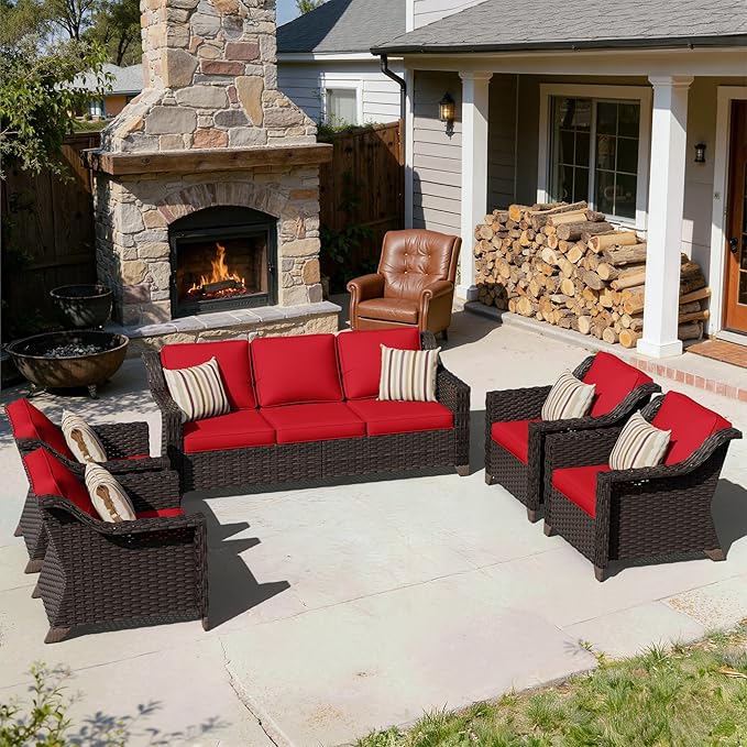 5 Pieces Patio Conversation Furniture Set - 1 Sofa, 4 Armchairs, Outdoor Wicker Furniture with Removable Cushions for Porch, Balcony, Sunroom (Red)