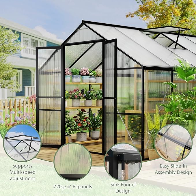 8 x 10 FT Outdoor Greenhouse, Heavy-Duty Polycarbonate Greenhouse with Aluminum Frame, Lockable Door, Adjustable Roof Vent, Walk-in Green House for Backyard, Garden, Patio