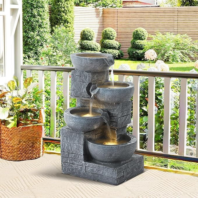 MAGIC UNION Outdoor Water Fountain, 4 Tiers Cascading Bowls Waterfall Indoor Fountain Garden Decor w/LED Lights, Outside Patio Resin Stacked Stones Fountains for Yard, Deck and Porch (Light Gray)