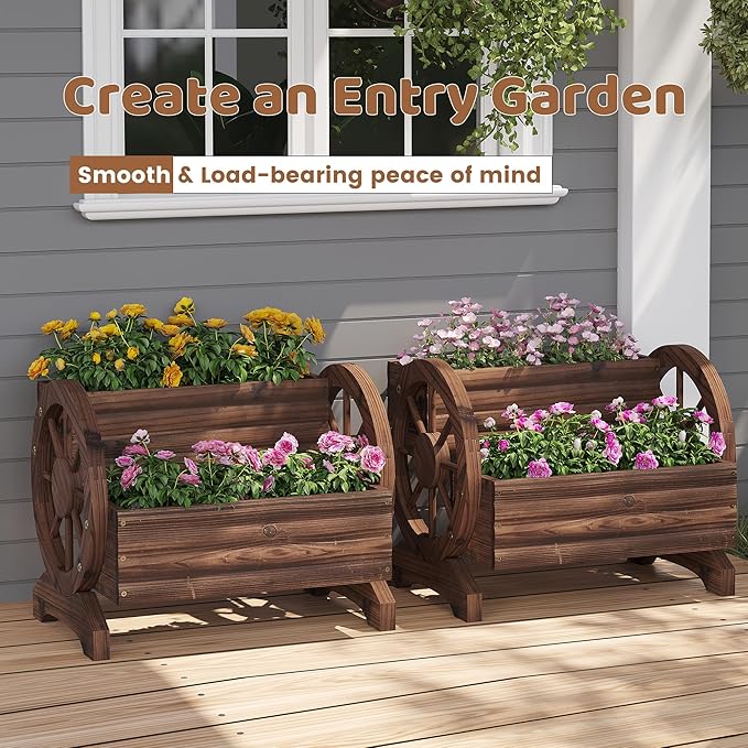 FILWH Wooden Wagon Planter Box for Indoor Outdoor Garden Planter Wood Planter Boxes Flower Planters Outdoor with Wheels Planter for Flowers Herbs Vegetables(Carbonized)