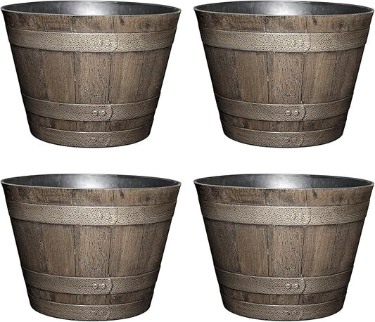 Classic Home and Garden Whiskey Plastic Resin Flower Pot Barrel Planter, Oak Brown, 20.5" (4 Pack)