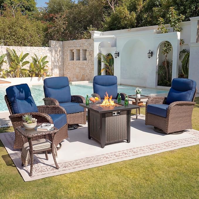 Belord Upgraded 6“ Cushion Luxury 7 Piece Patio Furniture Set with Fire Pit Table - Outdoor Furniture Set with High Back Swivel Rocker Patio Chairs, Conversation Set for Deck Porch Yard - Brown/Blue