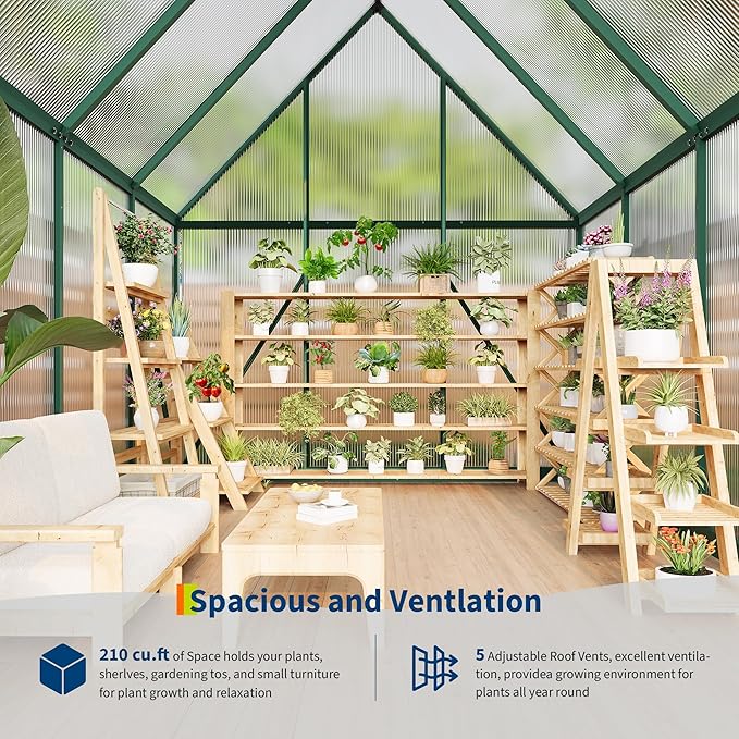6 x 7 ft Greenhouse, Polycarbonate Walk-in Greenhouse with Aluminum Frame, Adjustable Roof Vent and Lockable Door, Easy Assembly, Green Houses for Outside, Garden, Backyard and Patio